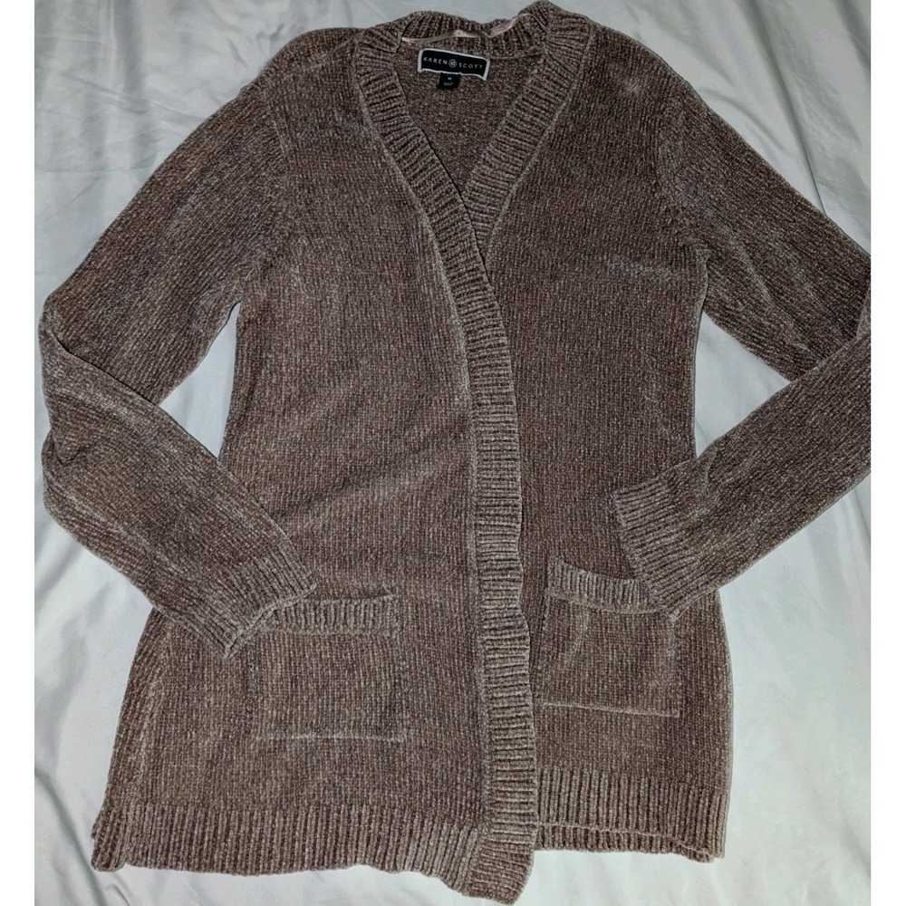Karen Scott Women's Medium 100% Polyester Brown Open Front Cardigan With Pockets